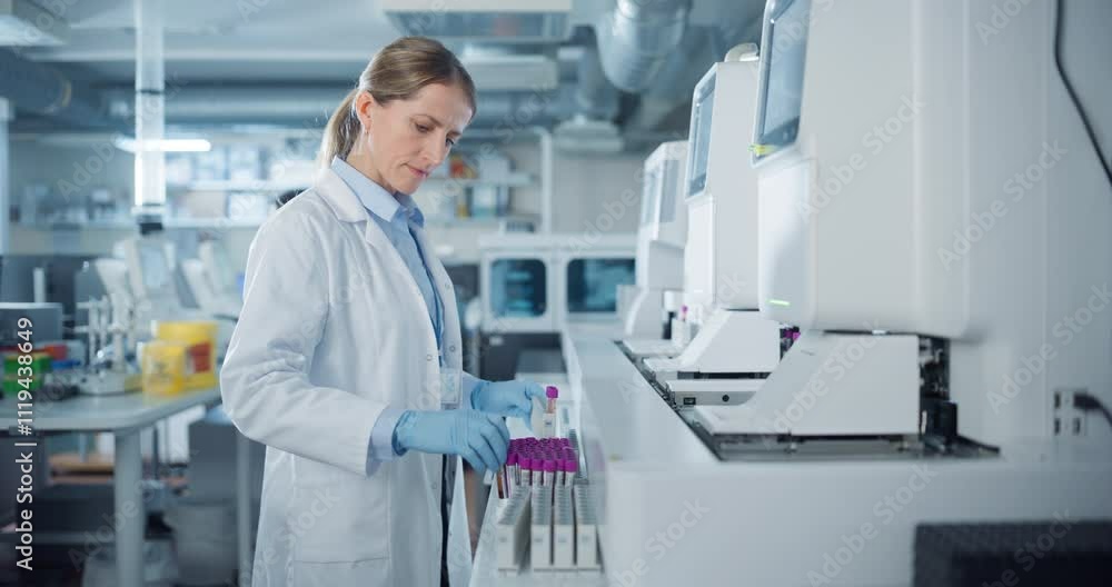 Poster Portrait of a Female Lab Scientist at Work in a Modern Medical Research Facility. Bioengineer in a White Coat Handling Test Tubes and Putting Them Inside an Advanced Machine for Analysis