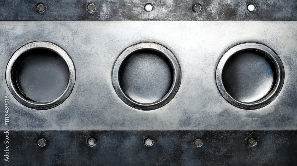 Poster minimalist silver metallic panel featuring illuminated buttons and glossy decorative patterns.