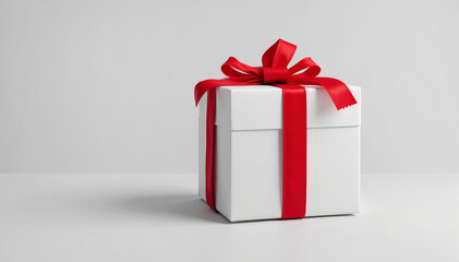 Fototapeta premium Single gift box with a red ribbon on a minimalistic white background