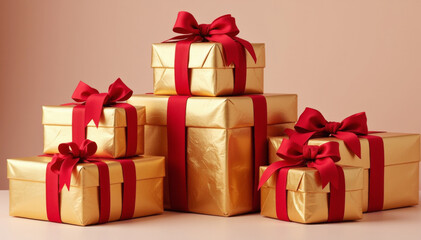 Obraz premium A stack of gift boxes wrapped in red ribbons