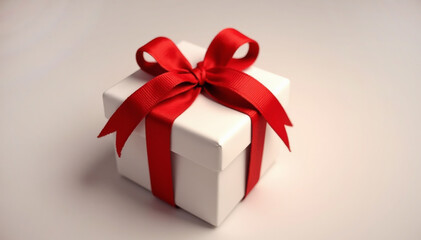 Obraz premium Single gift box with a red ribbon on a minimalistic white background