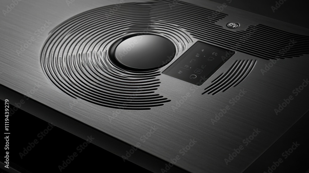 Poster minimalist silver metallic panel with intuitive touch controls and shiny geometric patterns