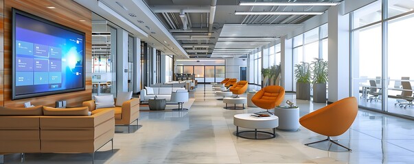 An upscale corporate office with a modern design, featuring high-end furniture, digital screens, and a stylish waiting area. The room is bright with natural light and contemporary decor.