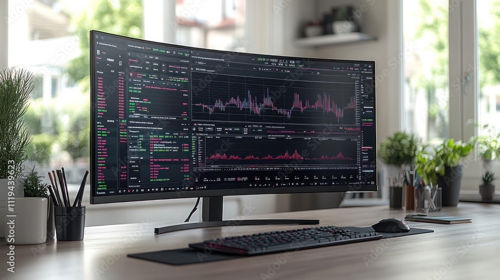Aufkleber a modern workspace featuring a curved monitor displaying financial data and charts.