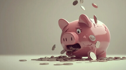 Broken piggy bank with coins scattered around, symbolizing financial struggle and the need for careful budgeting and saving.