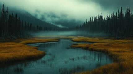 Misty autumnal wetland landscape with dark coniferous forest.