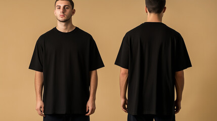 mockup of a man wearing a hitam oversized plain t-shirt, front and back isolated on a cream background, Ai generated images