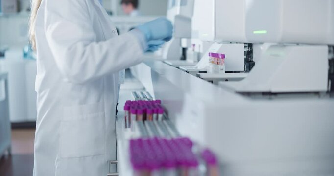 Medical Laboratory Technician in White Coat and Blue Gloves Handles Test Tubes with Purple Caps. Anonymous Worker Feeding Samples Into an Advanced Test Equipment for Scientific Analysis and Research