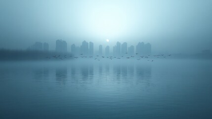 Naklejka premium Misty city skyline reflected in calm water with birds in flight at sunrise.
