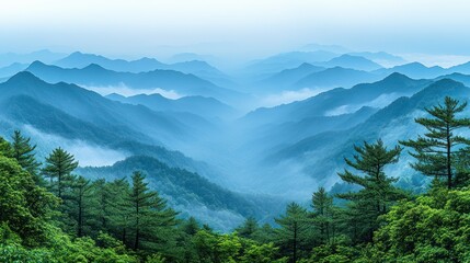 Misty blue mountain range panorama.
