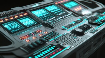 Obraz premium Minimalist silver metallic touch panel with glowing controls and glossy, modern decorations.