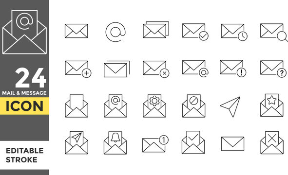 Mail & message Editable line stroke icon set. Pixel perfect. Contact and Communication Icons. Speed delivery symbol. Email sign. Envelope set. Send message sign. Received message