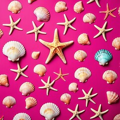Seashells and Starfish Pattern on Pink Background: A vibrant and playful pattern of seashells and starfish arranged against a bright pink background.