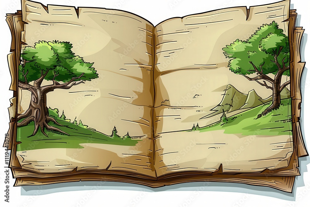 Poster a book is open to a page with a drawing of a forest