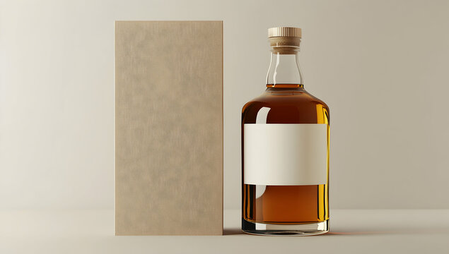Whiskey bottle mockup with blank label and cardboard box isolated on a grey background