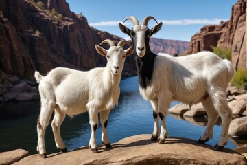 goats standing on a rock near a river in a canyon