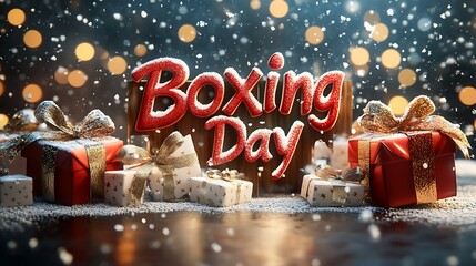 Bold 3D "Boxing Day" text with holiday bows and decorative snow effects