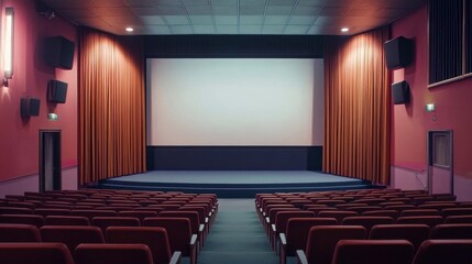 Modern cinema setup featuring a blank screen, understated curtains, and streamlined seating arrangements.