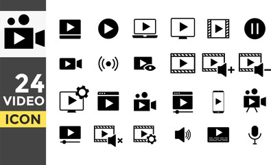 Video solid icon set. social media icons. Play button icon sign. Start audio or video action symbol. multimedia graphic design. Collection of internet conversation buttons
