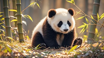 Fototapeta premium Cute moments of small pandas in bamboo forests