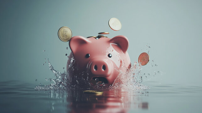 Broken piggy bank with coins scattered around, symbolizing financial struggle and the need for careful budgeting and saving.