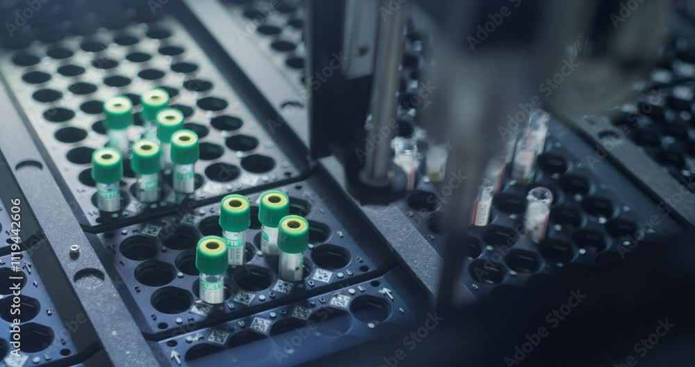 Aufkleber Automated Laboratory Equipment Arranging Rows of Test Tubes in Specialized Racks. Advanced Medical Research and Diagnostic Process Samples Different Specimens Inside a High-tech Medical Machine