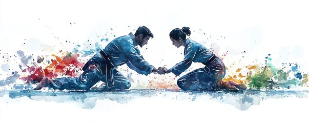Watercolor illustration of two jiu-jitsu practitioners on a colorful mat