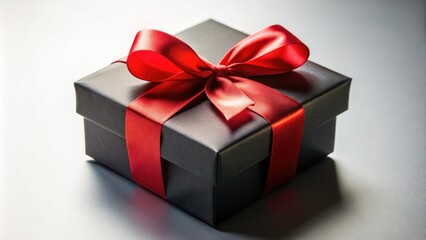 Fototapeta premium Elegant Black Gift Box with Red Ribbon on White Background - Perfect for Special Occasions, Birthdays, Holidays, and Celebrations - Luxurious Packaging and Gift Ideas