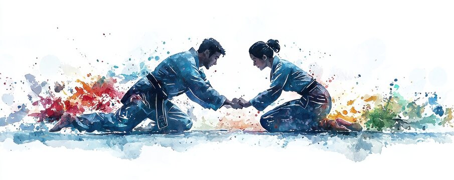 Watercolor illustration of two jiu-jitsu practitioners on a colorful mat - Powered by Adobe
