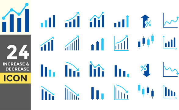 Increase and Decrease solid icon set. Growth icon and statistic symbol. Business growth icon, increase, personal development. Business money cash increase signs
