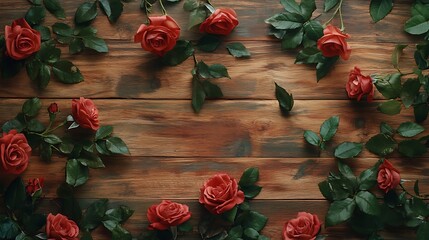 Red roses arranged on rustic wooden background.