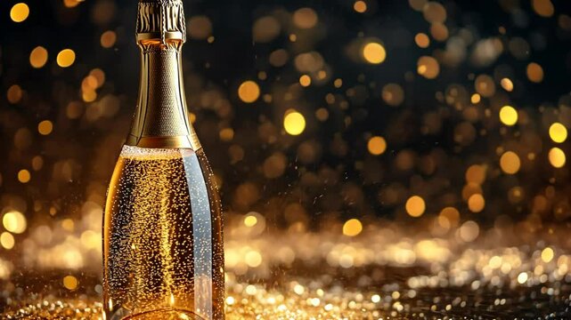 a champagne bottle with glitter glow gold dust and confetti, idea for festive celebration backdrop 
