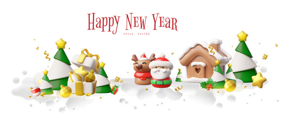 New Year 3D banner with Santa Claus, deer, fir trees in snow on white background.