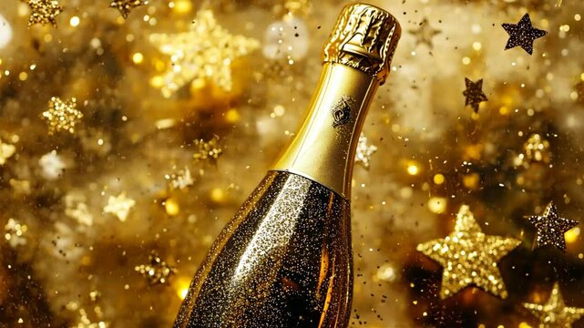 a champagne bottle with glitter glow gold dust and confetti, idea for festive celebration backdrop 
