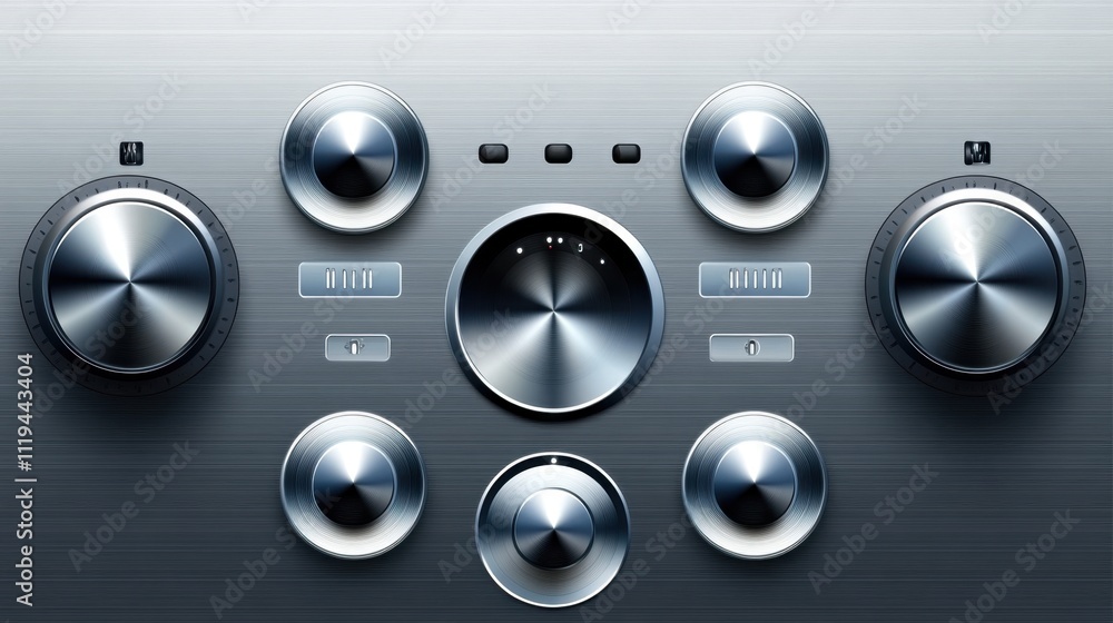Poster modern silver metallic interface with backlit buttons and glossy minimalist patterns.