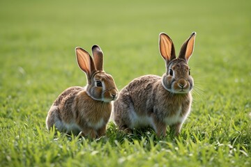 Fototapeta premium two rabbits are sitting in the grass with their ears up