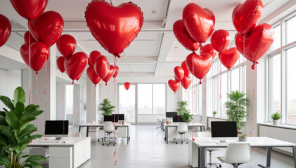 Modern white office with open space decorated with red heart shape balloon for valentine day