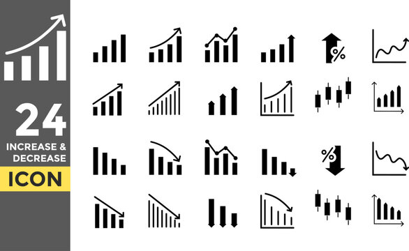 Increase and Decrease solid icon set. Growth icon and statistic symbol. Business growth icon, increase, personal development. Business money cash increase signs