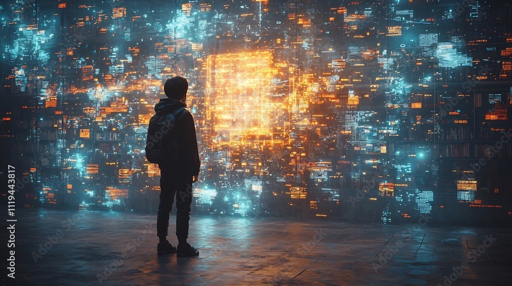 Aufkleber futuristic library with holographic access to information and ai powered knowledge