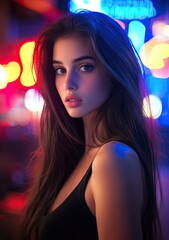 Neon Glow: Confident Portrait of a Girl with Long Hair and Modern Makeup Under Urban Lights