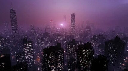 Obraz premium New Year 2025, a silent city skyline, with tall buildings illuminated in soft hues and empty streets below.