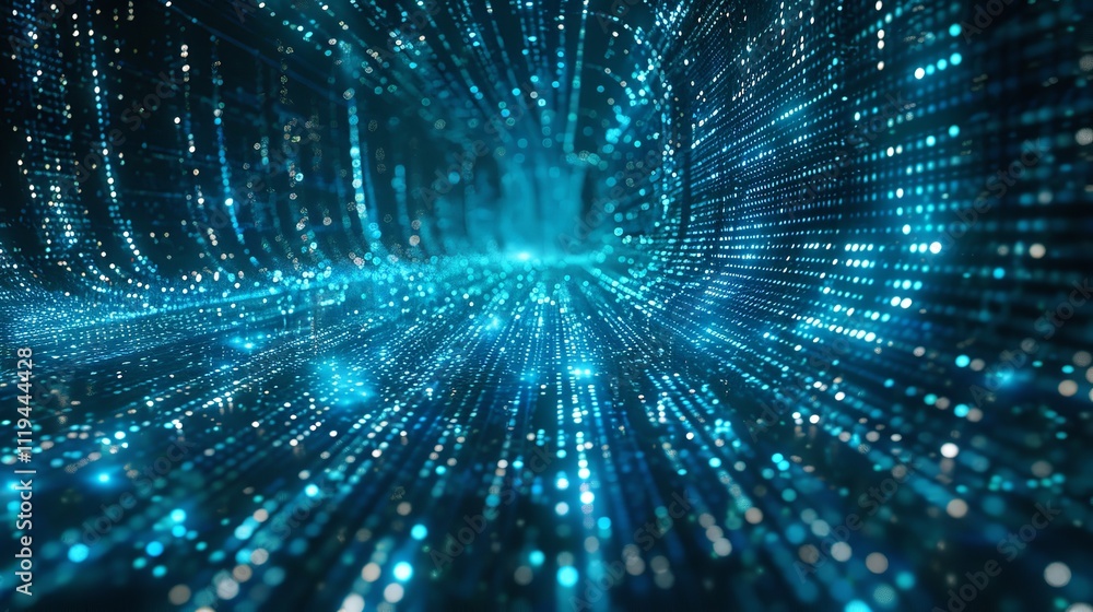 Poster futuristic matrix code visualization with glowing binary data flow abstract 3d rendering.