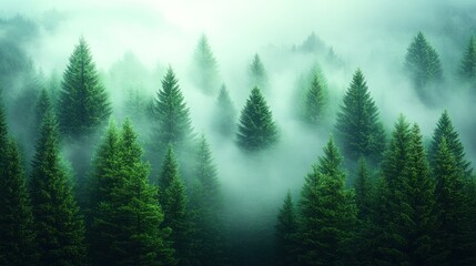 Fototapeta premium Misty evergreen forest aerial view.