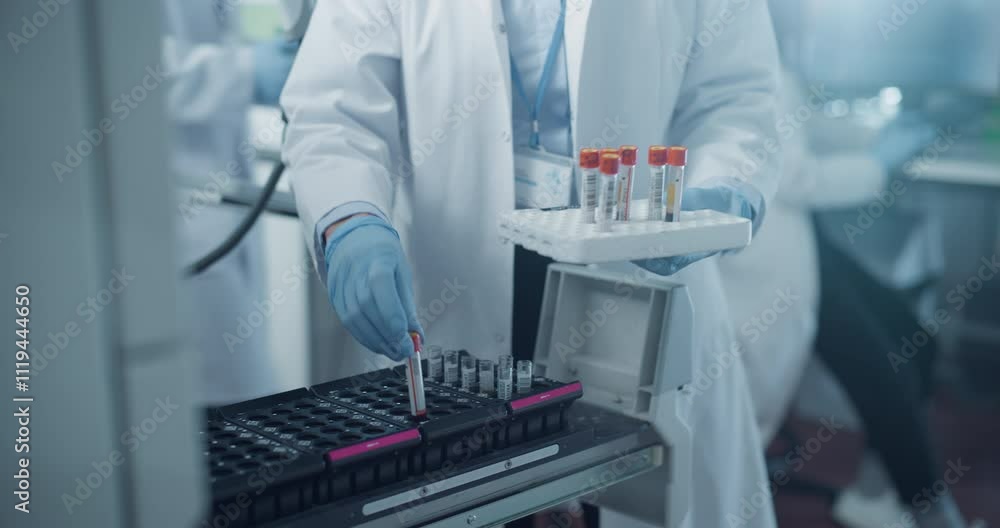 Poster laboratory technician in white coat transfers blood samples between test tube rack and automated ana