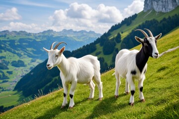 Obraz premium there are two goats standing on a grassy hill with mountains in the background