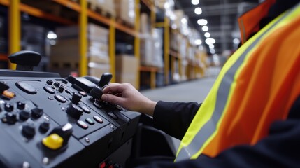 Fototapeta premium Close-up of a worker's hand operating machinery controls in a warehouse. Shelves with boxes and bright lighting in the background.