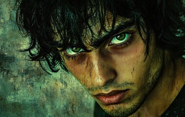 Mysterious Gaze: Portrait of a Young Arab Man with Green Eyes in Chiaroscuro Lighting  