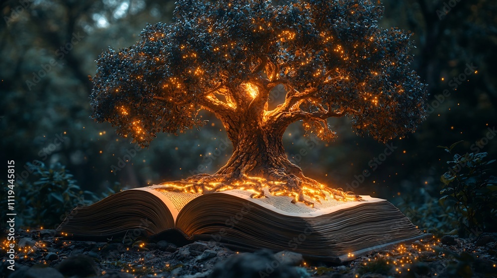 Aufkleber glowing tree of knowledge growing from open book representing education s transformative power