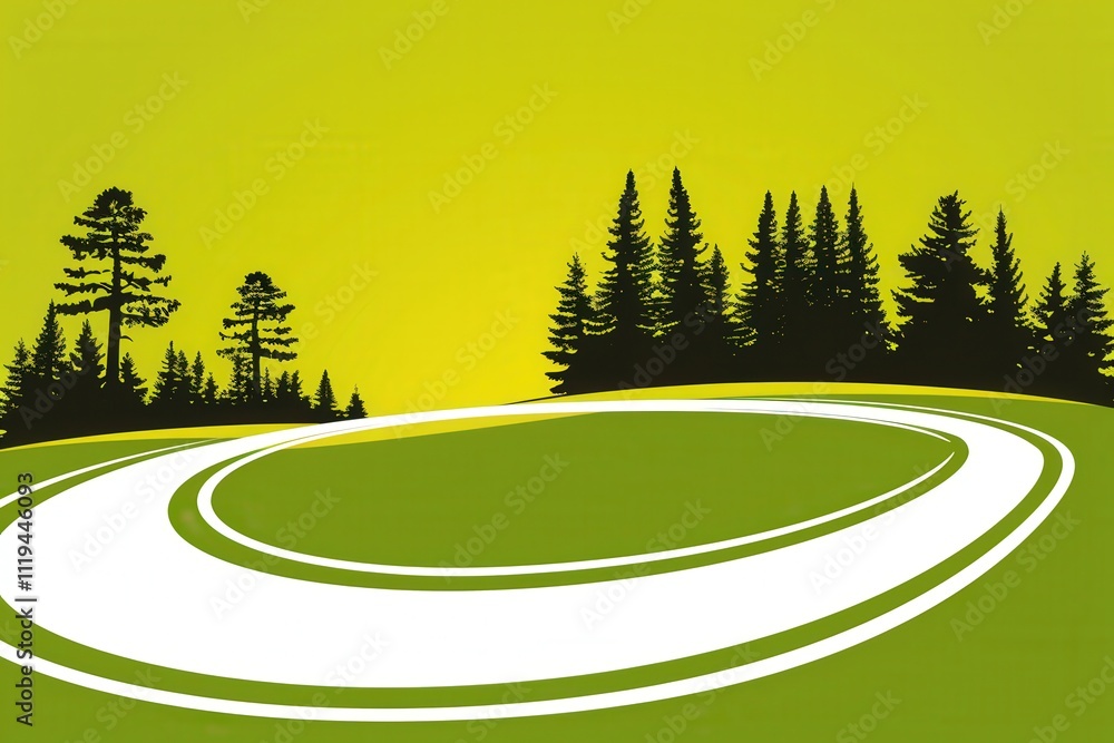 Poster a green and white sign with a circle in the middle and trees in the background