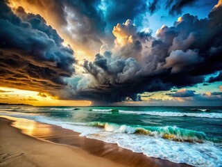 Dramatic Storm Clouds Beach Photography - Epic Seascape, Dark Sky, Ocean Waves, Coastal Scene